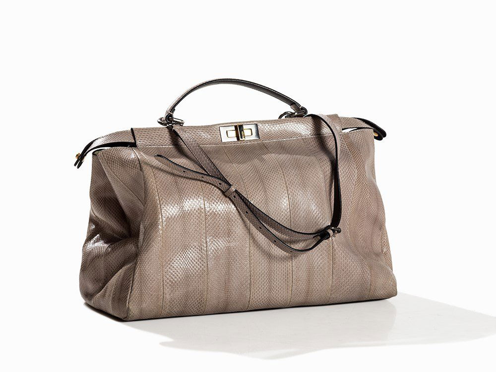 Fendi, Peekaboo Taupe, Shiny Water Snake Hand Bag: Water snake leather in taupe and crème, black suede, silver and gold-tone hardware Italy, 2010 Fendi (est. 1925) – Italian fashion company Leather tag sewn into side pocket with serial no. 2454-8BN