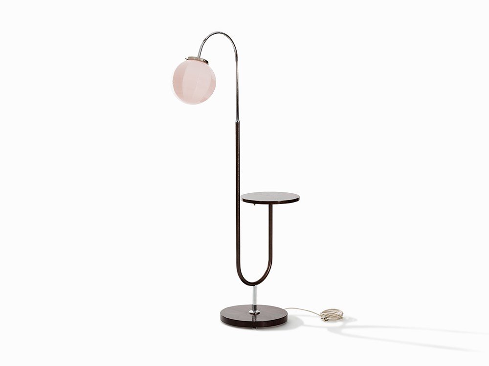 Jindrich Halabala, Floor Lamp with Tray,: Steel tube, wood, opaque pastel pink glass Czechoslovakia, c. 930 Design: Jindrich Halabala (1903-1978) - Czech designer Manufacturer: Spojené UP Závody One light electrified Dimensions: 168cm heigh