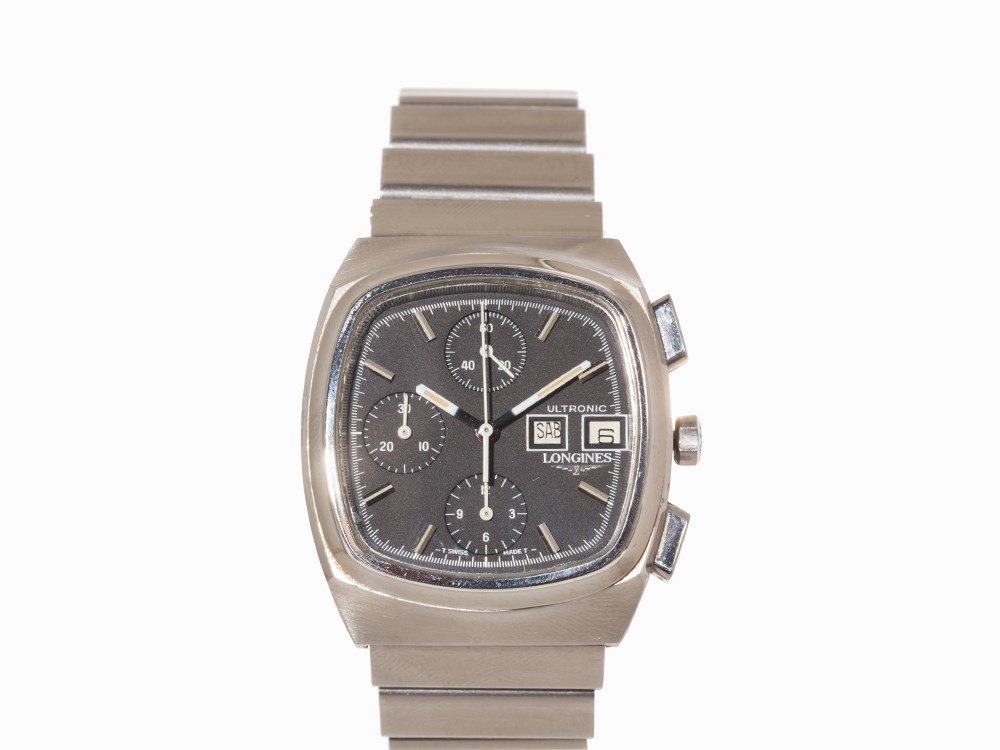 Longines Ultronic Chronograph, Ref. 2368.1, C. 1976: Longines Ultronic chronograph, ref. 2368.1 Switzerland, c. 1976 Quartz movement, hour, minute, second, weekday, date, chronograph Black dial, white hands Watch case, original strap and folding clasp o