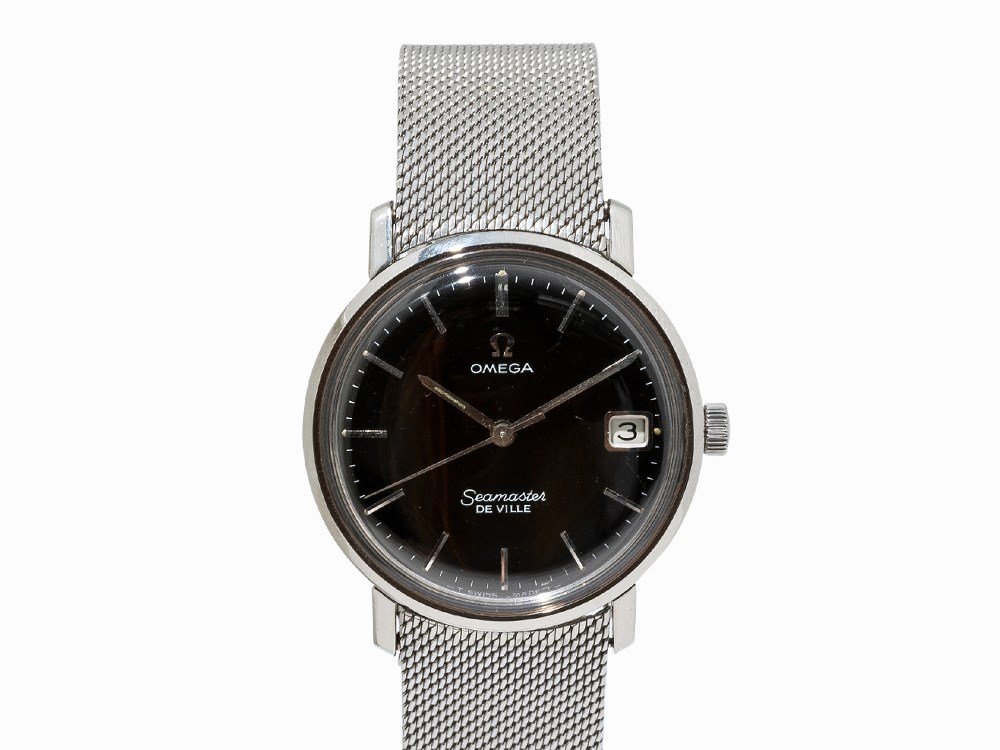 Omega Seamaster DeVille Black Dial, Switzerland, C.: Omega Seamaster DeVille Black Dial Switzerland, c. 1960 Manual wind movement, Omega calibre, hour, minute, second, date Black dial with tritium luminescent mass, silver hands Monoblock casing, origina