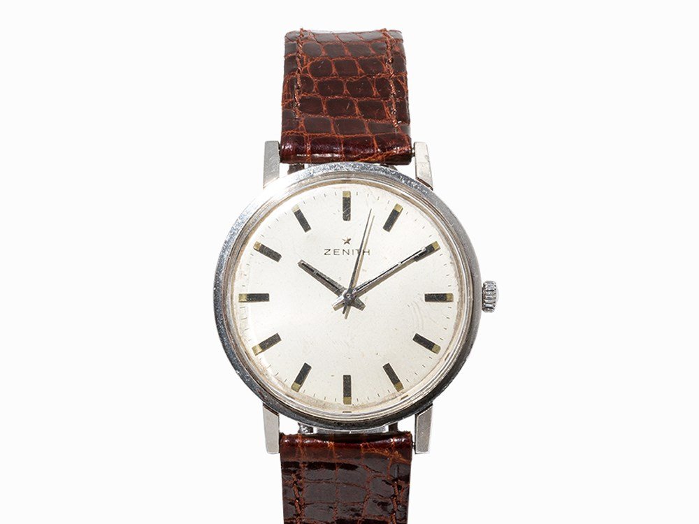 Zenith Oversize Wristwatch, Switzerland, C. 1960: Zenith Oversize wristwatch Switzerland, c. 1960 Manual wind movement, calibre 2542; 17 jewels, hour, minute, second Silver dial, silver hands Watch case of stainless steel Brown alligator leather stra