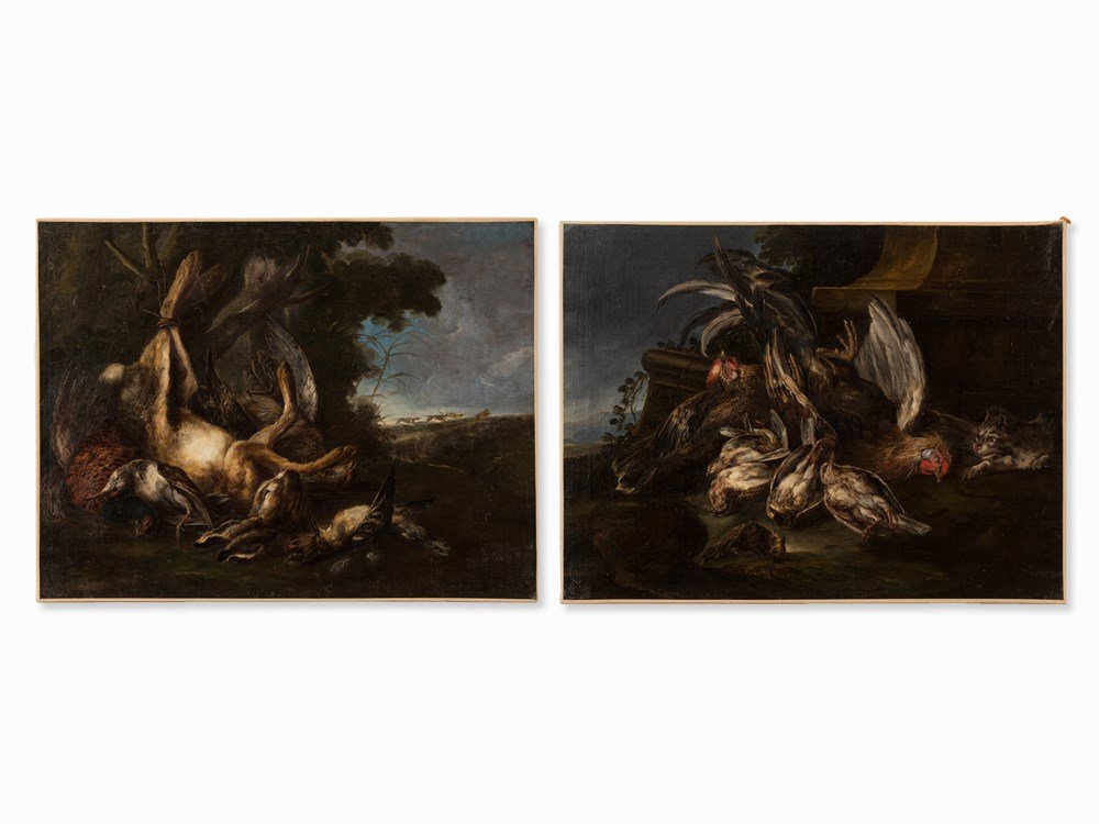 Giovanni Crivelli (Il Crivellino), Hunting Still Lifes,: Oil on canvas, both relined Italy, 18th century Giovanni Crivelli, known as Il Crivellino (c. 1690-1760) – Italian late-Baroque animal painter Dimensions: 74 x 96 cm; 73.5 x 98 cm Good condition Fin