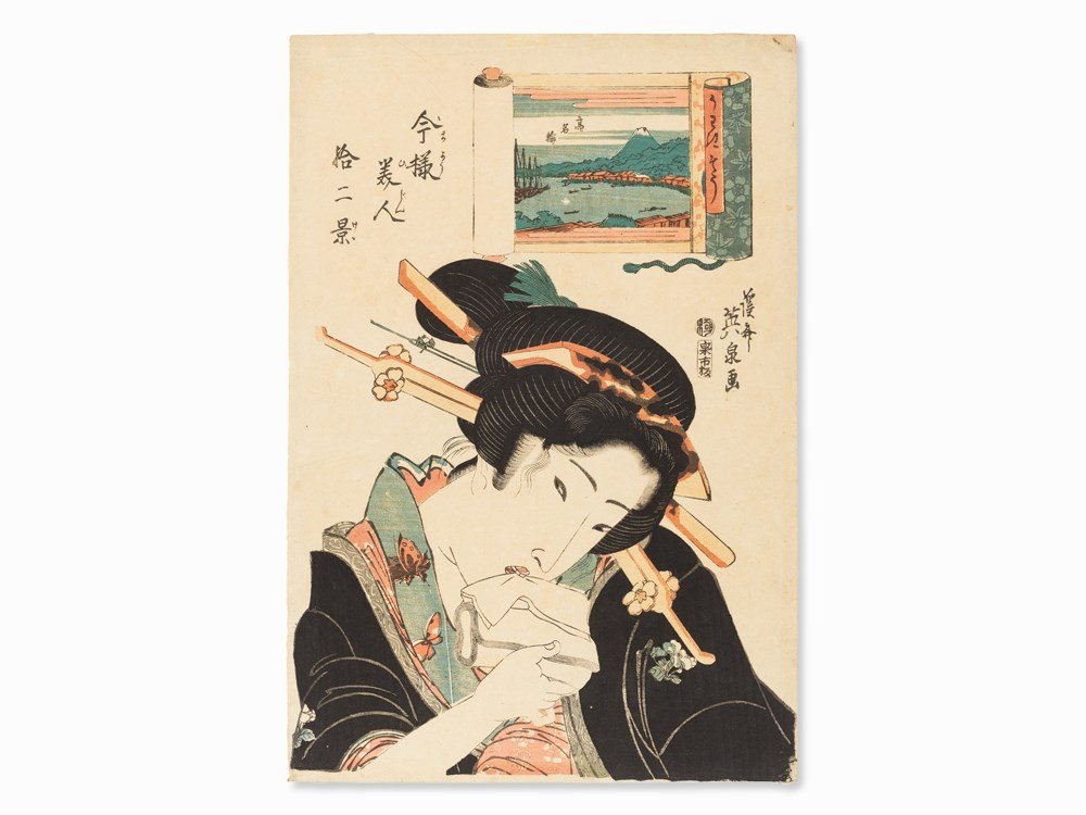 KEISAI Eisen, Woodcut ‘Moody, Fickle’, around 1822/23: Color woodcut Japan, around 1822/23 KEISAI Eisen (1790 – 1848) ???? – Japanese artist From the series ‘20 Views of Modern Beauties’ - ??????? (Imayo bijin juni kei) Title: ‘Moody, Fickle’ 