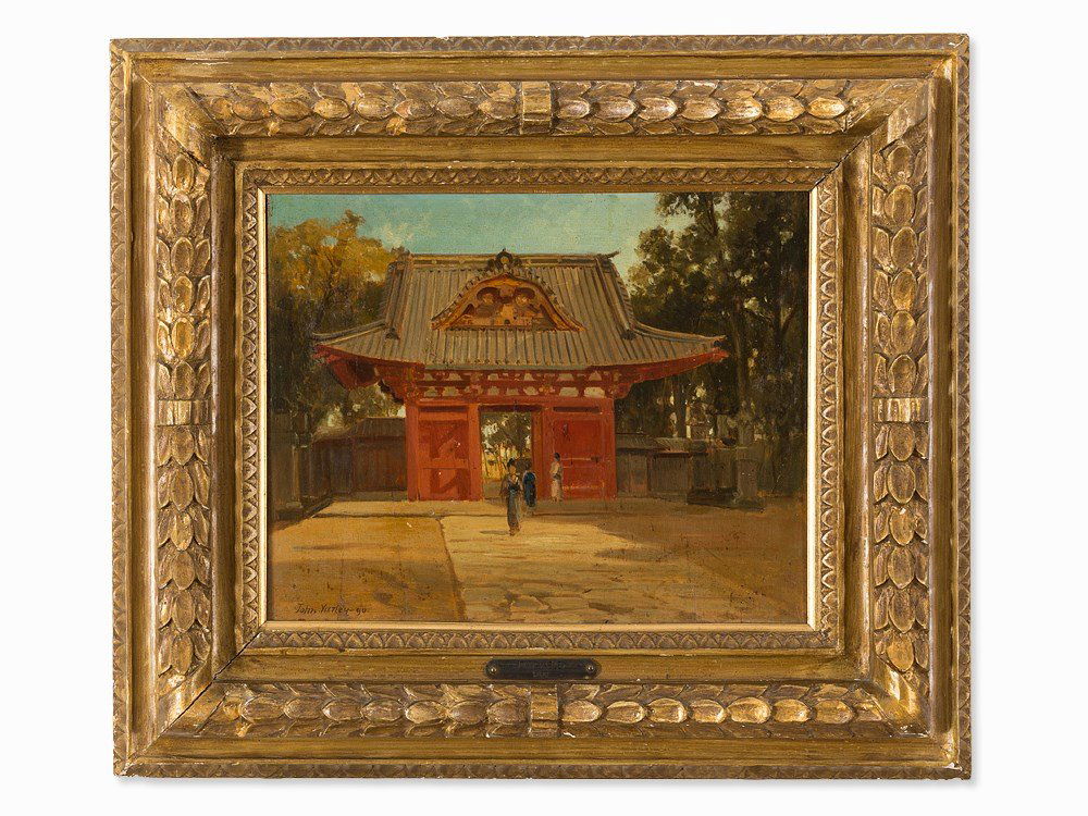 John II Varley (1850-1933), Shiba Temple in Tokyo, 1890: Oil on wooden panel England, 1890 John II Varley (1850-1933) – English painter Signed ‘John Varley’ and dated ‘90’ lower left With old label on the reverse Dimensions: 28 x 33.5 cm Partially