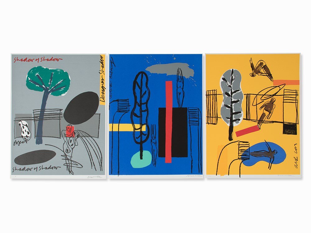 Bruce McLean, Collection of 3 Serigraphs in Color,: 3 serigraphs in color on cardboard England, 1980s/1990s Bruce McLean (geb. 1944) – Scottish painter and performance artist Each signed ‘Bruce McLean’ and inscribed ‘e.a.’, on pencil 3 works