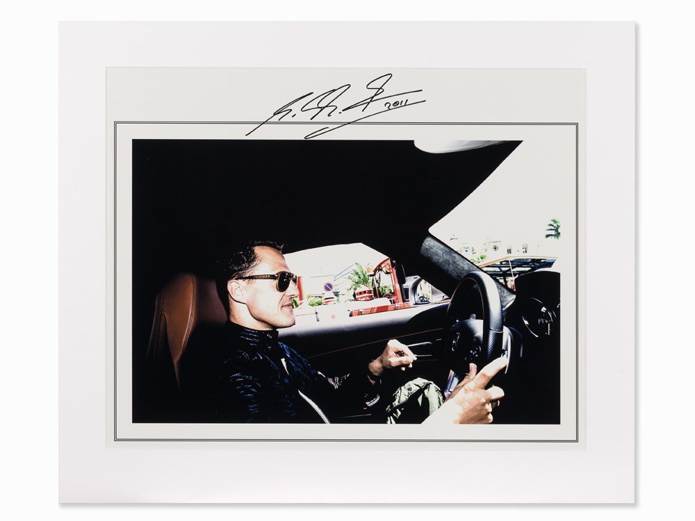 Michel Comte (b. 1954), Michael Schumacher in the Car,: C-Print on PE paper, laid down on aluminum panel USA, Los Angeles, 2011 Michel Comte (b. 1954) – Swiss photographer, lives and works in New York Complimentary signature and date in black felt pen ��