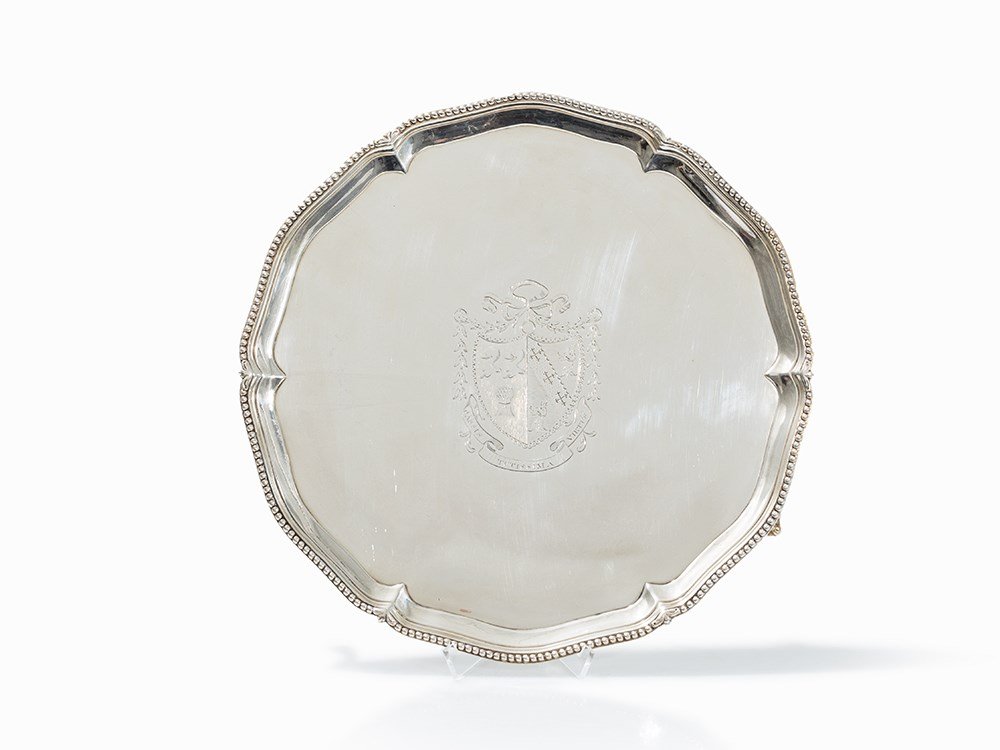 John Carter, Salver, Sterling Silver, London, 1774: George III sterling silver, wrought, mounted, hallmarked and engraved London, England, 1774 Marked on the base with markers mark, city and silver standard mark, as well as date letter Curved body on t
