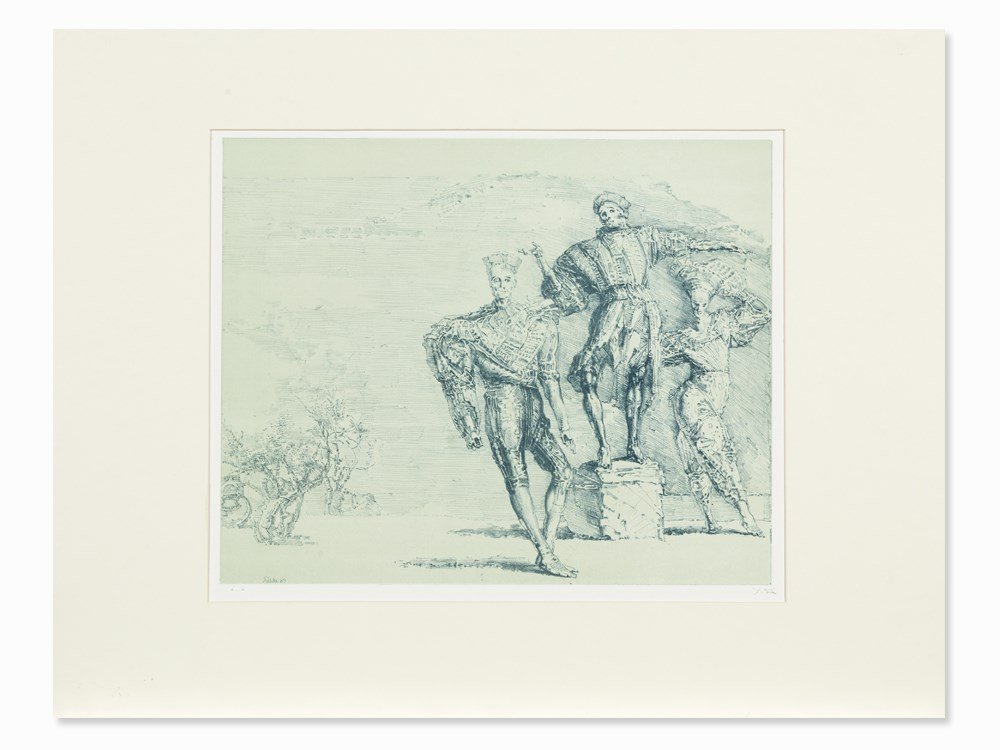 Werner Tübke, Ein Sonntagnachmittag, Lithograph, 1989: Lithograph displaying plate tone in blue on wove paper ‘Zerkall’ (watermark) Germany, 1989 Werner Tübke (1929-2004) – German painter and graphic artist; one of the most important painters of th