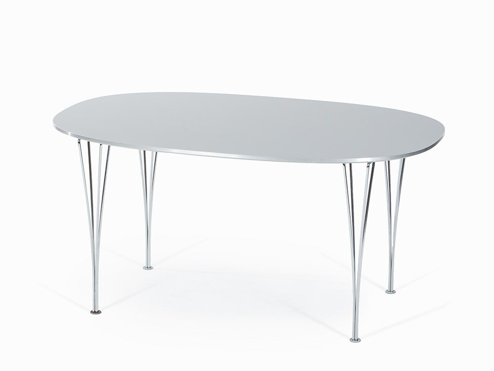 Bruno Mathsson/Piet Hein/Arne Jacobsen, Superellipse,: Grey lacquered birch, chrome-plated steel Sweden, 1964, execution 2004 Bruno Mathsson (1907 – 1988) – Swedish furniture designer Piet Hein (1905-1996) – Danish scientist, mathematician, inventor