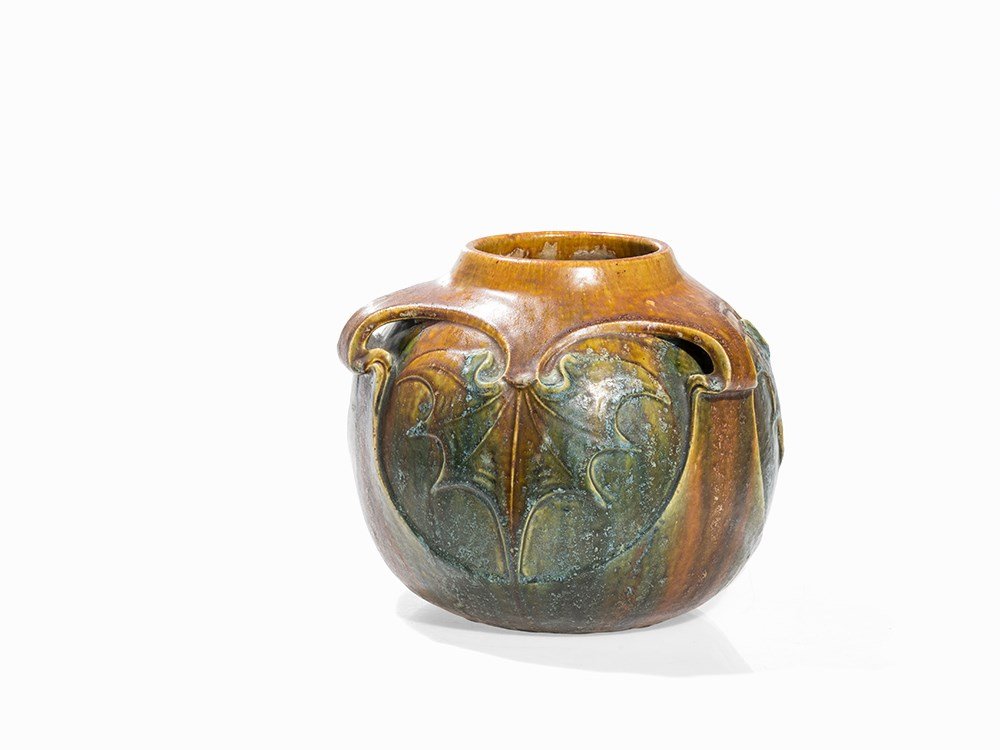 Teplitz College, Art Nouveau Vase, Bohemia, around 1900: Earthenware, light shards, glazed Teplitz-Schönau, Bohemia, around 1900 Teplitz College for Ceramics Base marked and with press numbers Ball-shaped body with three carved handles Circumferential styl
