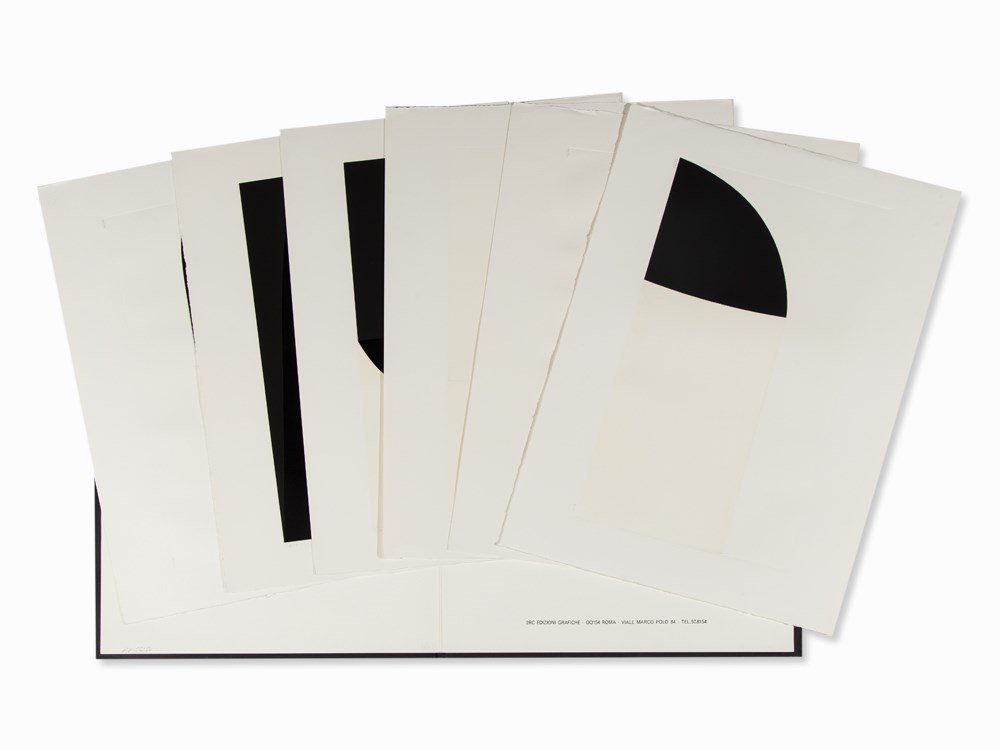 Alberto Burri, Bianchi e Neri II, Portfolio, 1969: Complete portfolio comprising 6 lithographs with embossing and collaged acetate foil on firm wove paper ‘Fabriano’ (partly with watermark) Italy, 1969 Alberto Burri (1915-1995) – Italian artist