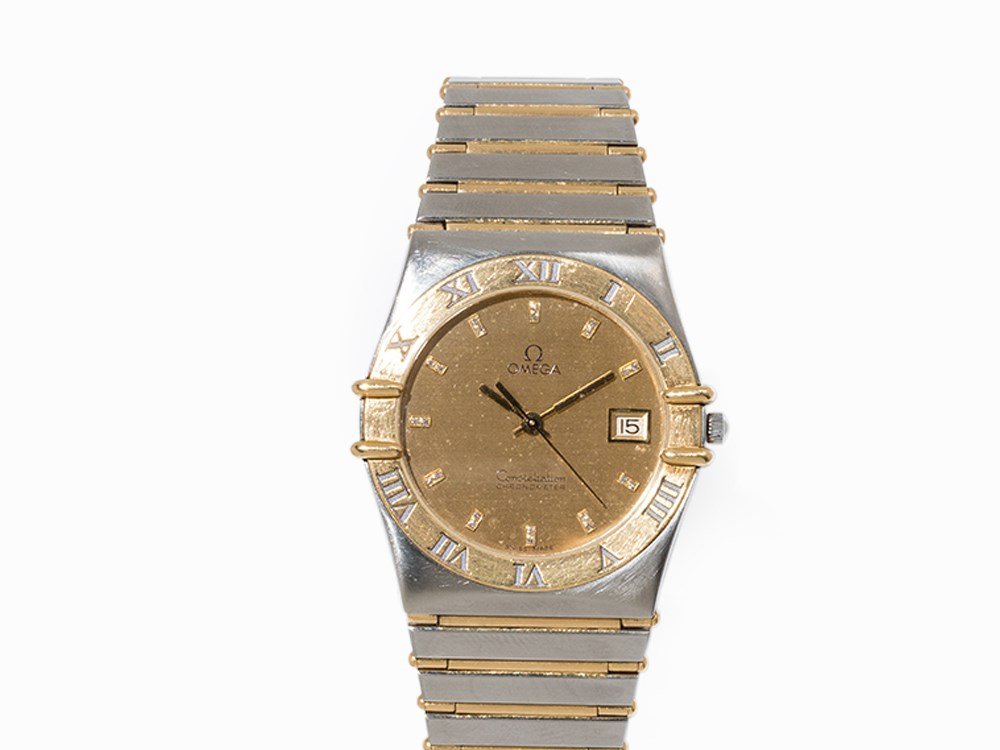 Omega Constellation, Ref. 198.0143, C. 1984: Omega Constellation wristwatch, ref. 198.0143/398.0870 Switzerland, c. 1984 Quartz movement, hour, minute, second, date Gold dial, gold hands, diamond indices Watch case, original strap and folding cl