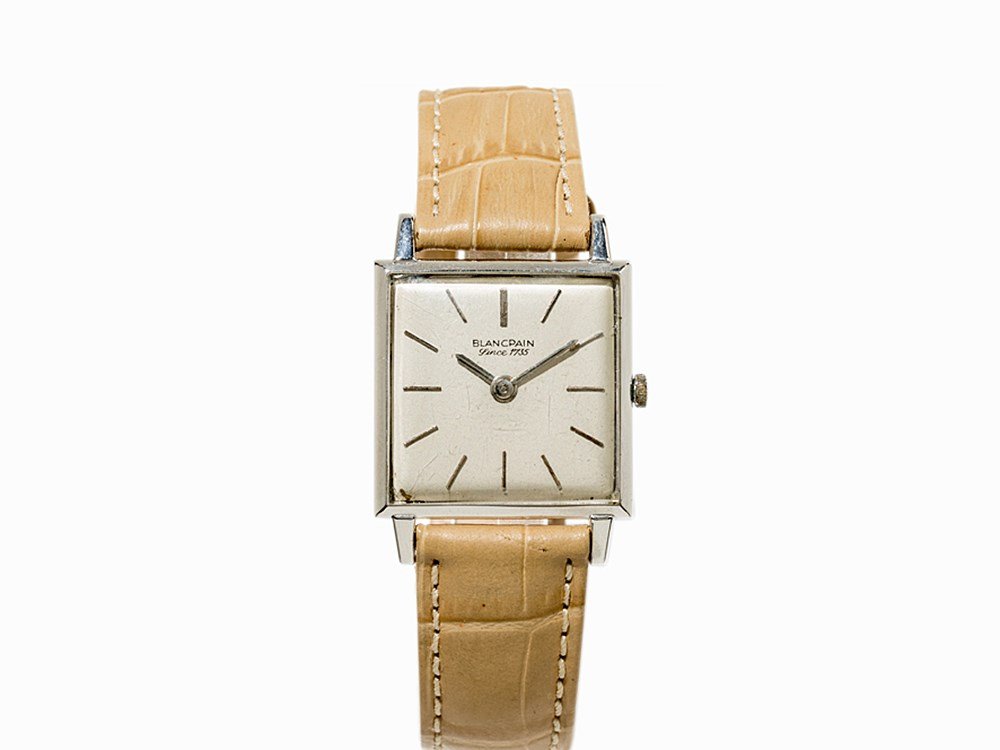 Blancpain White Gold Wristwatch, Switzerland, C. 1960: Blancpain white gold wristwatch Switzerland, c. 1960 Manual wind movement, hour, minute Silver dial, silver hands Watch case of 18K white gold Beige calfskin leather strap with pin buckle Watch case h