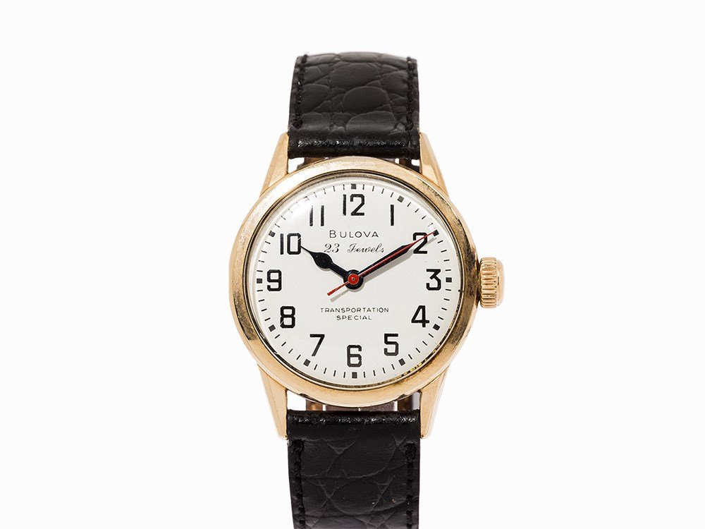 Bulova Transportation Special, USA, c. 1962: Bulova Transportation Special USA, c. 1962 Manual wind movement, calibre 10 BNCHR, adj. 5; 23 jewels, hour, minute, second White dial, blued hands Watch case of partially gold plated stainless steel B
