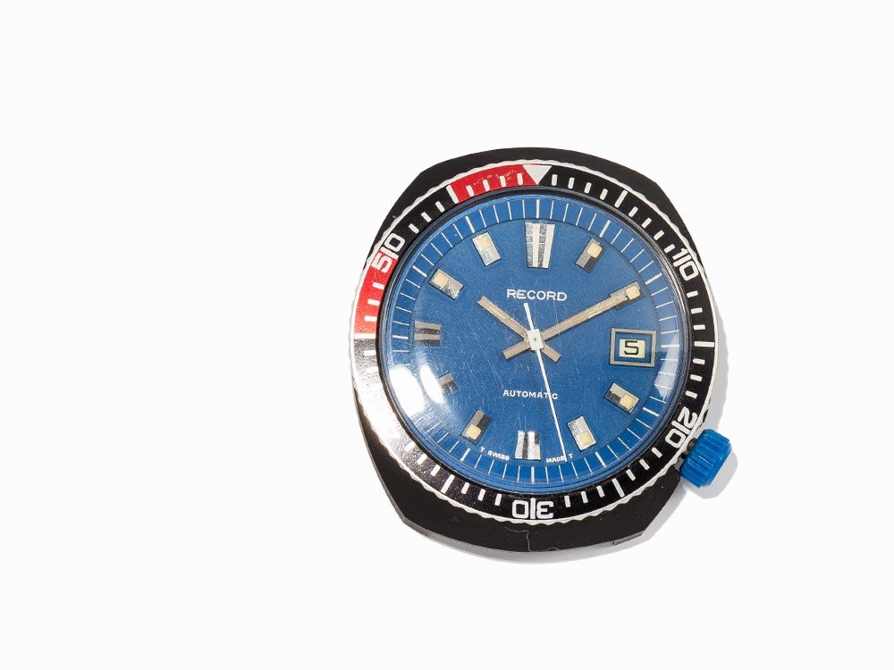 Record Automatic, Switzerland, c. 1975 : Record Automatic, ref. 654135 Switzerland, c. 1975 Automatic movement, calibre 1955-2; 17 jewels, hour, minute, second, date Blue dial, silver luminescent hands Watch case of partially black coated st