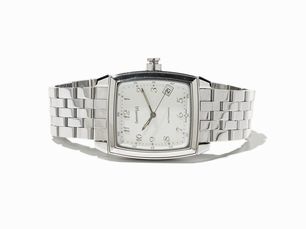 Eberhard & Co. Quadrangolo, Ref. 41010, C. 1995: Eberhard & Co. Quadrangolo, ref. 41010 Switzerland, c. 1995 Automatic movement, hour, minute, second, date White dial, silver luminescent hands Watch case, original strap and folding clasp of stainles