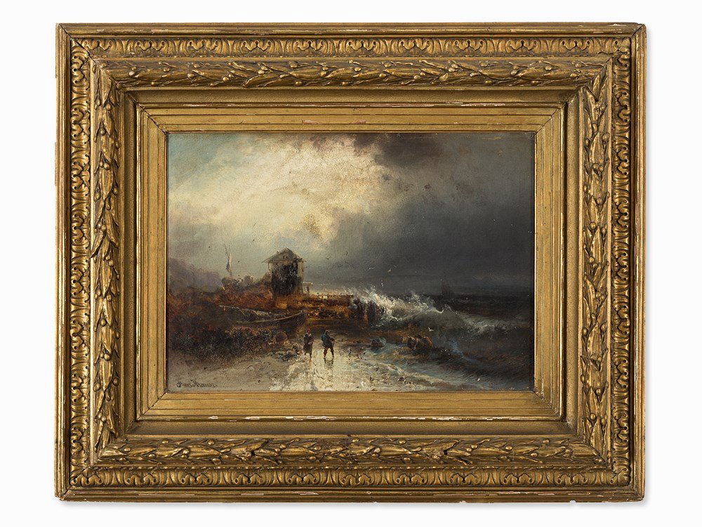 Franz Emil Krause (c. 1836-1900), Sea Rescue, Oil,: Oil on canvas Presumably Germany, circa 1860 Franz Emil Krause (c. 1836-1900) – German landscape and marine painter Signed lower left ‘Franz Krause’ Verso an old label; titled and inscribed by h