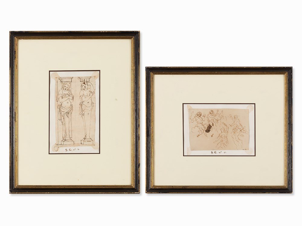 Palma il Giovane (c.1548-1628) Attr., Pair of Studies,: Pen and ink drawing in brown on laid paper, laid down on light cardboard Italy, circa 1600 Pair of studies with figures and caryatids Attributed to Jacopo Palma il Giovane, actually Jacopo Negretti (c