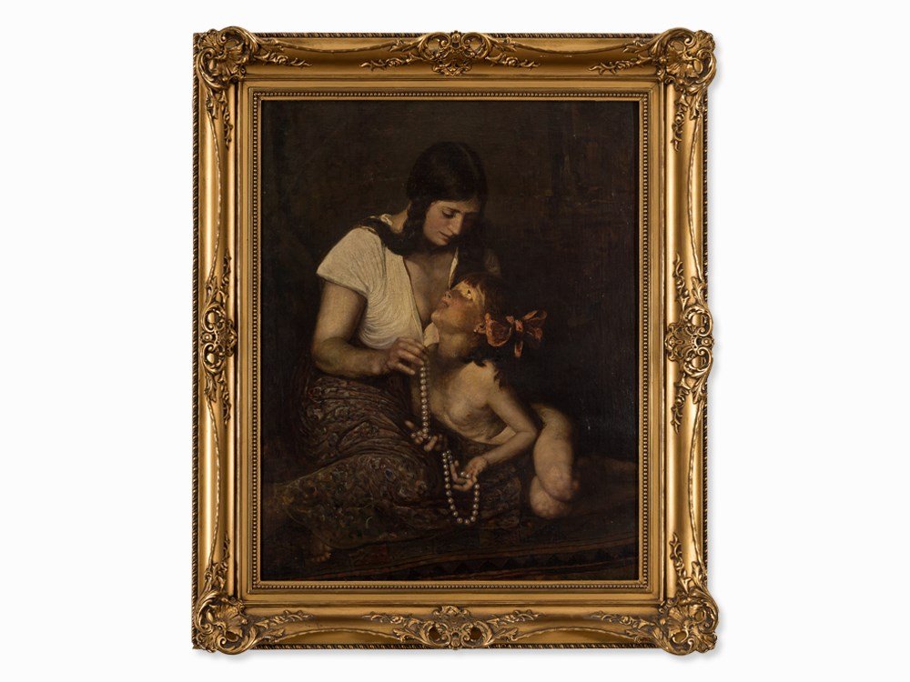 Brunette Beauty with Child, German School, 19th Century: Oil on canvas, relined Germany, 2nd half of the 19th century Presumably Munich School in the circle of Franz von Lenbach Dimensions: 73 x 58 cm Gilt frame: 88 x 74 cm Good, restored condition Conditio