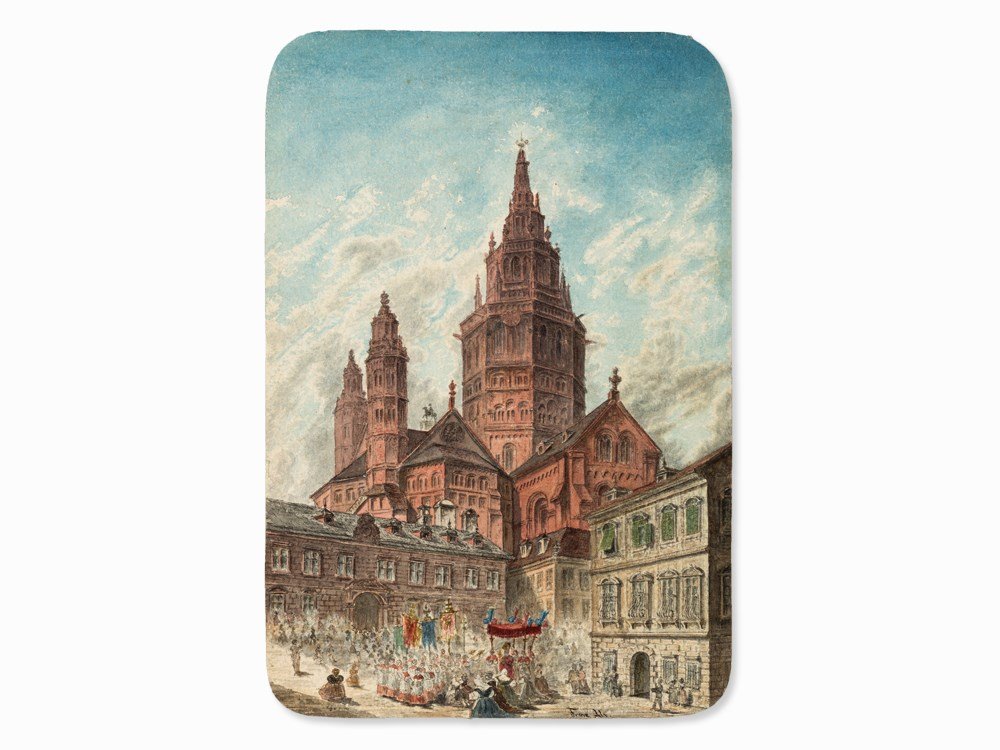 Franz Alt (1821-1914), Procession before a Cathedral,: Watercolor on paper, mounted under mat Austria, 19th century Franz Alt (1821-1914) – Viennese painter and watercolorist Signed lower right ‘Franz Alt’ Sheet size: 22.7 x 15.2 cm Very good condit