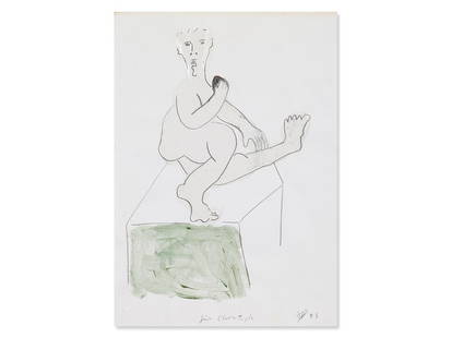 John Bock (b. 1965), Drawing of a Figure on a Cube,: Pencil and acrylic on paper Germany, 1995 John Bock (b. 1965) – German performance artist Signed and dated in pencil lower right ‘Bock 95’ With dedication ‘für Christoph’ Sheet size: A4 Goo