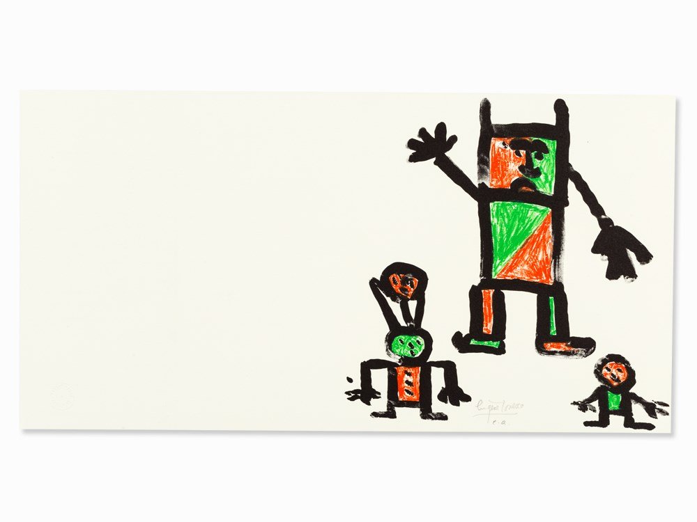 Eugène Ionesco, Color Lithograph, Figural Composition,: Lithograph in colors wove paper, double sheet France, 1980s Eugène Ionesco (1909-1994) – Romanian-French writer, painter and graphic artist Signed and inscribed lower center in pencil ‘Eugène Io