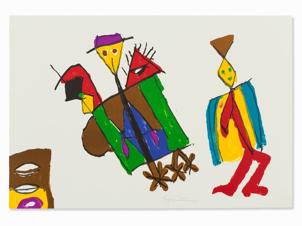 Eugène Ionesco, Color Lithograph, Figural Scene,: Lithograph in colors on wove paper France, 1983 Eugène Ionesco (1909-1994) – Romanian-French writer, painter and graphic artist Signed lower right in pencil ‘Eugène Ionesco’ Inscribed lower le