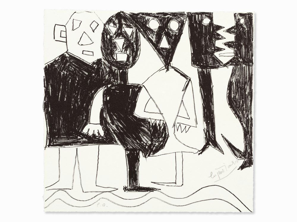 Eugène Ionesco, Lithograph, Aboard the Ship of Fools,: Lithograph on wove paper France, 1983 Eugène Ionesco (1909-1994) – Romanian-French writer, painter and graphic artist Signed lower right in pencil ‘Eugène Ionesco’ Inscribed lower left in penc