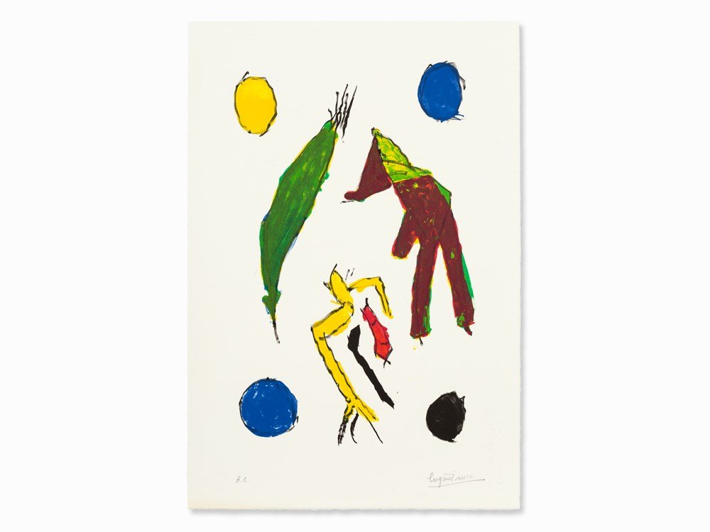Eugène Ionesco, Lithograph, 'Les esprits et leurs: Lithograph in colors on BFK Rives wove paper (watermark) France, 1985 Eugène Ionesco (1909-1994) – Romanian-French writer, painter and printmaker Signed lower right in pencil ‘Eugène Ionesco’