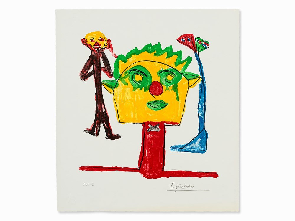 Eugène Ionesco, Lithograph, ‘Les spectateurs’, 1986: Lithograph in colors on BFK Rives wove paper (watermark) Switzerland, 1986 Eugène Ionesco (1909-1994) – Romanian-French writer, painter and graphic artist Signed lower right in pencil ‘Eugène Io