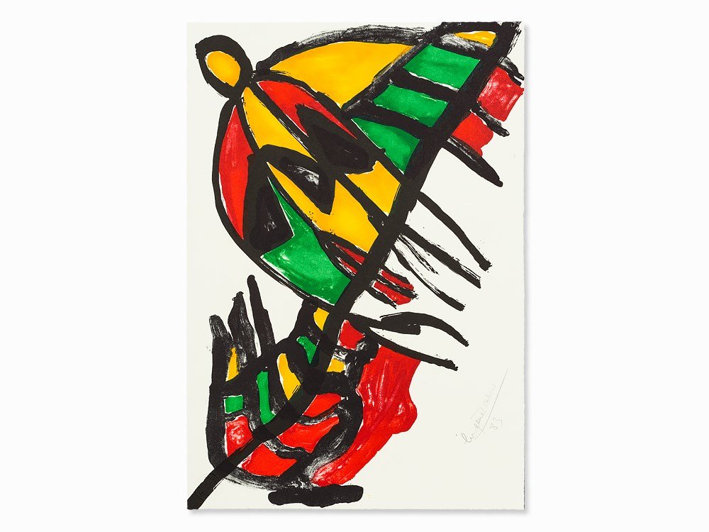 Eugène Ionesco, Lithograph, Abstract Shape, 1983: Lithograph in colors on wove paper Switzerland, 1983 Eugène Ionesco (1909-1994) – Romanian-French writer, painter and graphic artist Signed and dated lower right in pencil ‘Eugène Ionesco 83’