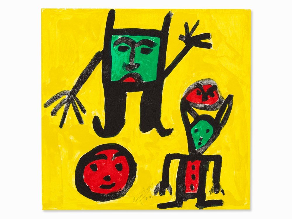 Eugène Ionesco, Lithograph, Composition with figures,: Lithograph in colors on wove paper Switzerland, 1980s Eugène Ionesco (1909-1994) – Romanian-French writer, painter and graphic artist Signed and inscribed lower center in pencil ‘Eugène Ionesco