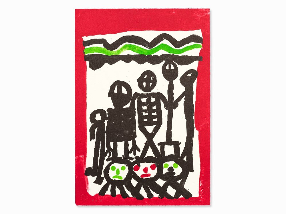 Eugène Ionesco, Lithograph, Theater Scene, France, 1988: Lithograph in colors on wove paper France, 1988 Eugène Ionesco (1909-1994) – Romanian-French writer, painter and graphic artist Signed lower right in pencil ‘Eugène Ionesco’ Inscribed lower le