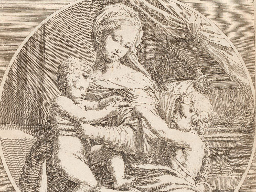 Elisabetta Sirani, Engraving, Madonna & Child & St.: Copper engraving on paper Italy, about 1650 Elisabetta Sirani (1638-1665) – Italian painter and engraver Inscribed in the plate Total dimensions, framed: 42.8 x 39.8 cm Good condition This engraving