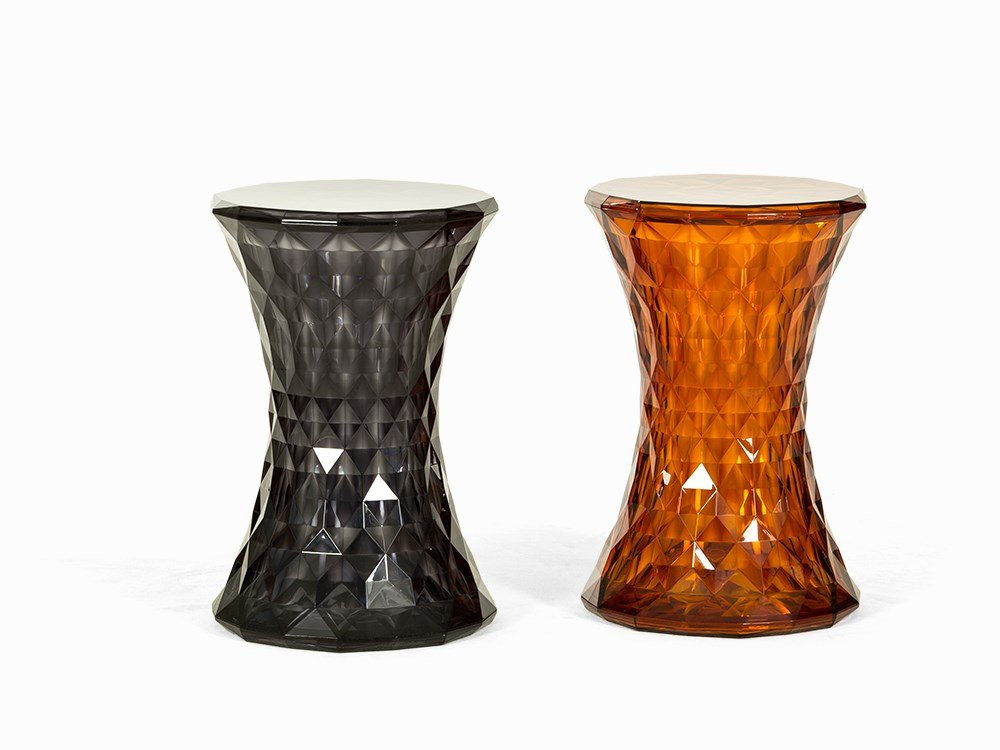Marcel Wanders, 2 Stools ‘Stone’, Acrylic, Netherlands,: Acrylic, amber and black colored Netherlands, 2006 Design by Marcel Wanders - Dutch designer Made by Kartell Model "Stone" Faceted spindle-shaped body Company signet on the base Height: 46.5 cm; diame