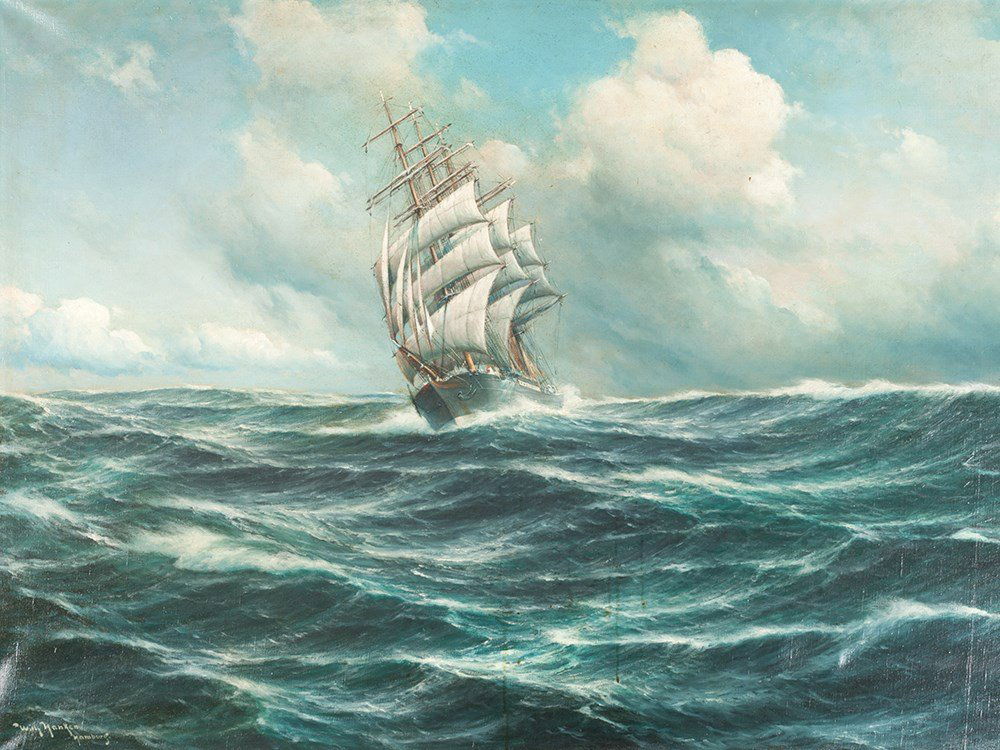 Willy Hanken, Oil Painting, Seascape, Germany, c. 1930: Oil on canvas Hamburg, Germany, c. 1930 Willy Hanken (1866 - 1953) – German painter Sailing ship at the sea Signed on the lower left: ‘Willy Hanken Hamburg‘ Verso labeled: ‘Langhagen & Harnisc