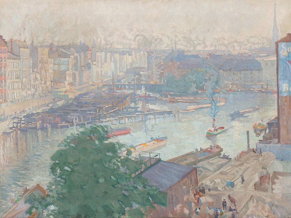 Paul Paeschke, ‘Die Spree an der Waisenbrücke’,: Oil on canvas Germany, Berlin, 1910 Paul Paeschke (1875-1943) – Berlin painter and etcher Signed and dated lower right ‘P. Paeschke 1910’ Old artist label on stretcher, with handwritten address