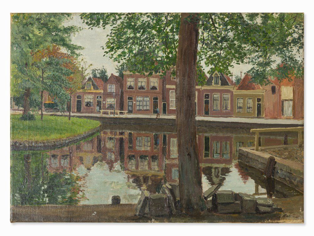 Hans Michaelson (1872-1954), Houses by Canal, Oil, c.: Oil on canvas Germany, presumably 1890/1900 Hans Michaelson (1872-1954) – German Jewish painter of Late Impressionism and Expressionism. Member of the so-called “Verschollene Generation” (Lost G