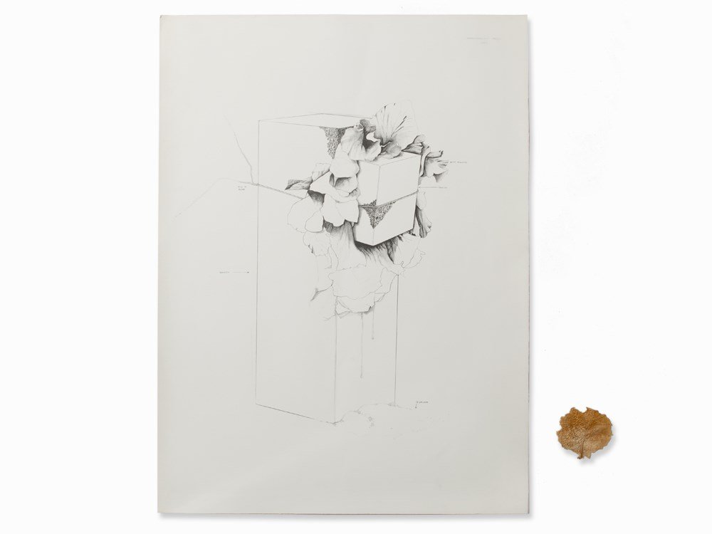 Giovanni Anselmo, Struttura Che Mangia l‘Insalata,: Lithograph on wove paper; with the dried salad leaf Italy, 1968/72 Giovanni Anselmo (b. 1934) – Italian sculptor and object artist; representative of Arte Povera Signed and dated ‘GIOVANNIANSELMO