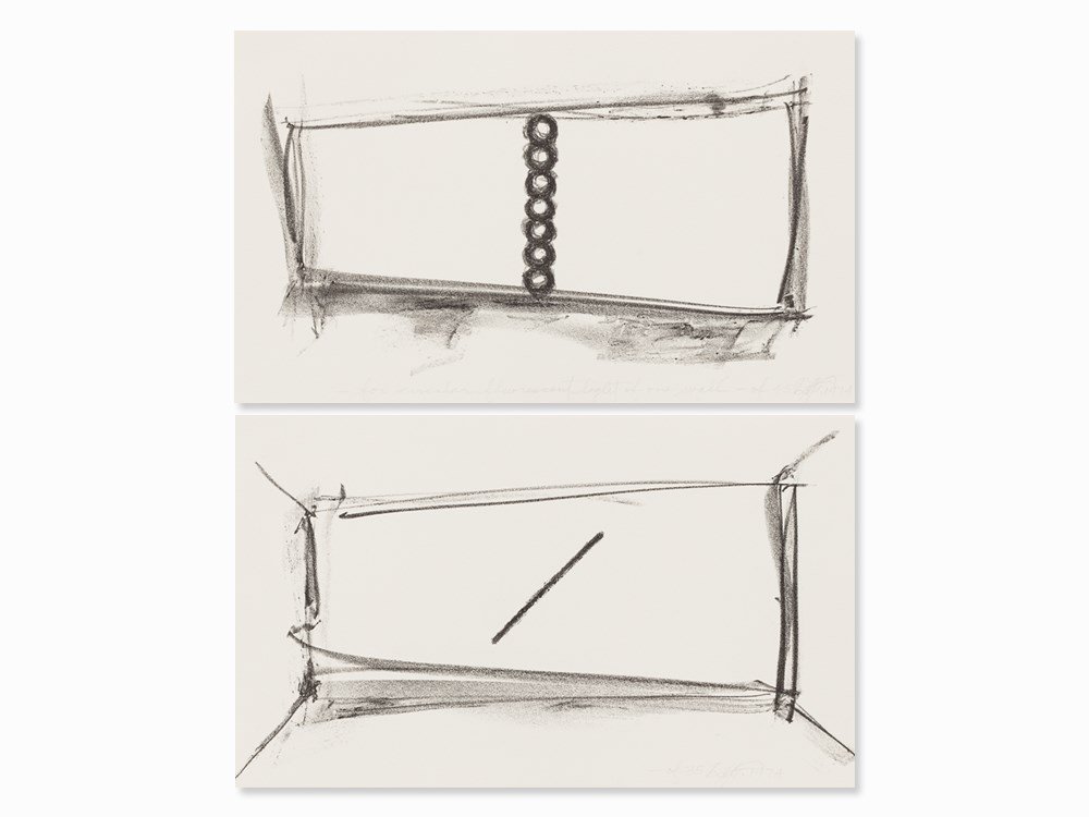 Dan Flavin, For Circular Fluorescent Light Of One Wall,: 2 lithographs on strong wove paper USA, 1974 Dan Flavin (1933-1996) – US-American artist and pioneer of light art Each sheet signed and dated ‘Dan F. 1974’ in pencil; moreover inscribed ‘-for