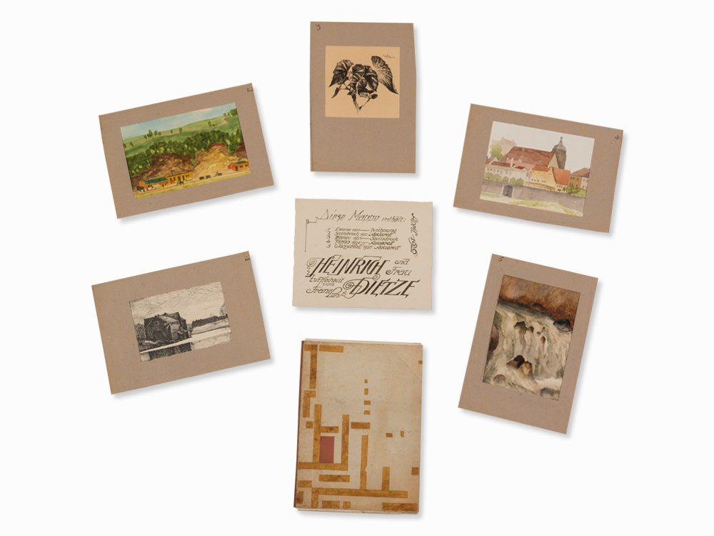 Franz Lenk, Heinrich Dietze Portfolio for his Wedding: Watercolor on ink or pencil/ pen and ink drawing/lithograph on wove paper, laid paper Germany, 1920´s Franz Erich Lenk (1898-1968) - German painter and graphic artist Portfolio compound of 5 sheets,
