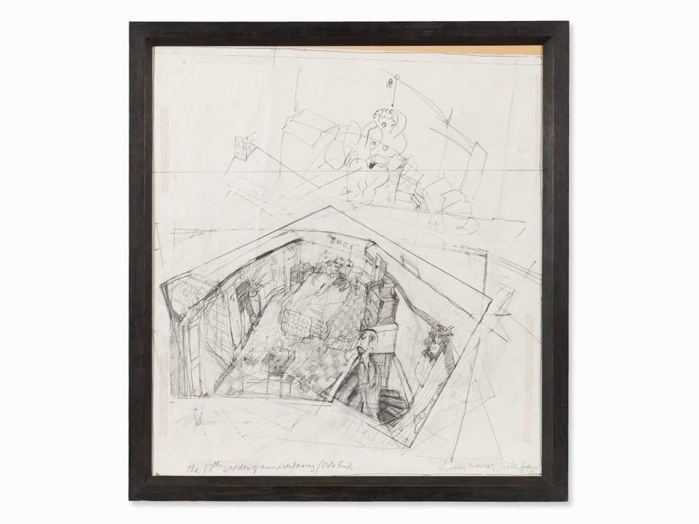 Anthony Green, Work Drawing The 17th Wedding: Pencil on plain drawing paper (with cut square, glued on the reverse) England, 1978 Anthony Green (born 1939) - British painter and printmaker Inscribed, signed and dated lower right in pencil ‘1st