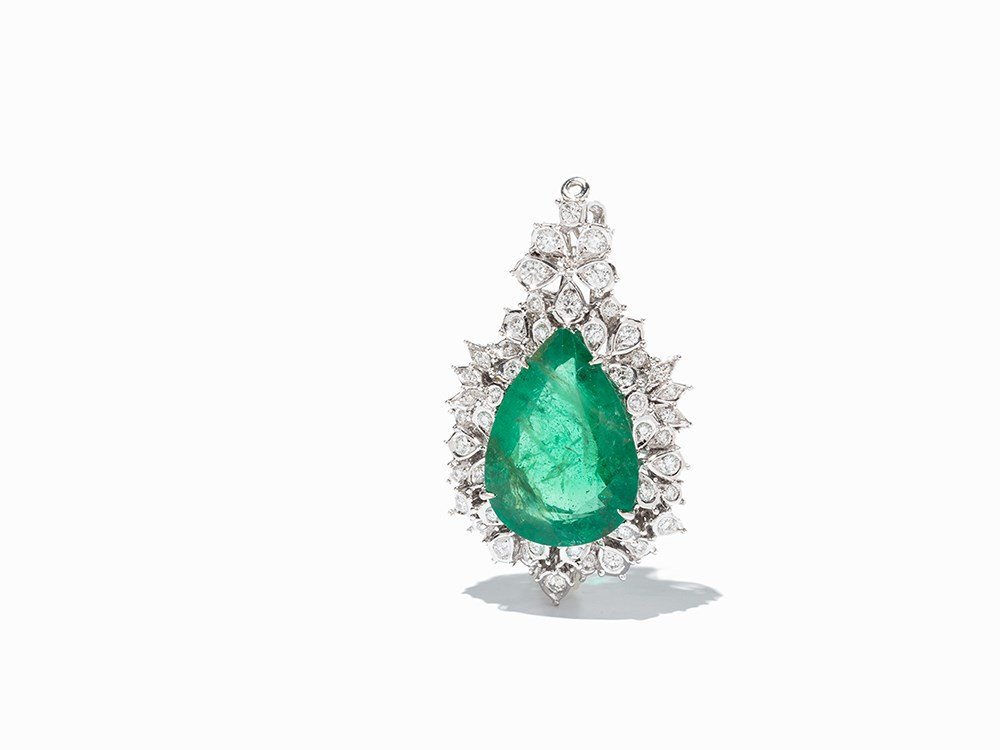 Emerald Pendant with Brilliants, 18K White Gold, 1960s (1 of 10)