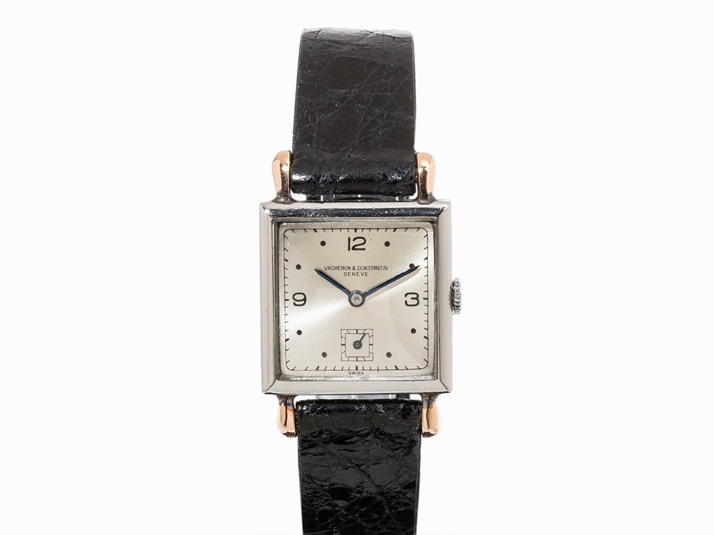 Vacheron Constantin Rectangular, Switzerland, c. 1935: Vacheron Constantin Rectangular Switzerland, c. 1935 Manual wind movement, calibre 203; hour, minute, subsidiary second Silver dial, blued hands Watch case of stainless steel Black alligator leather s