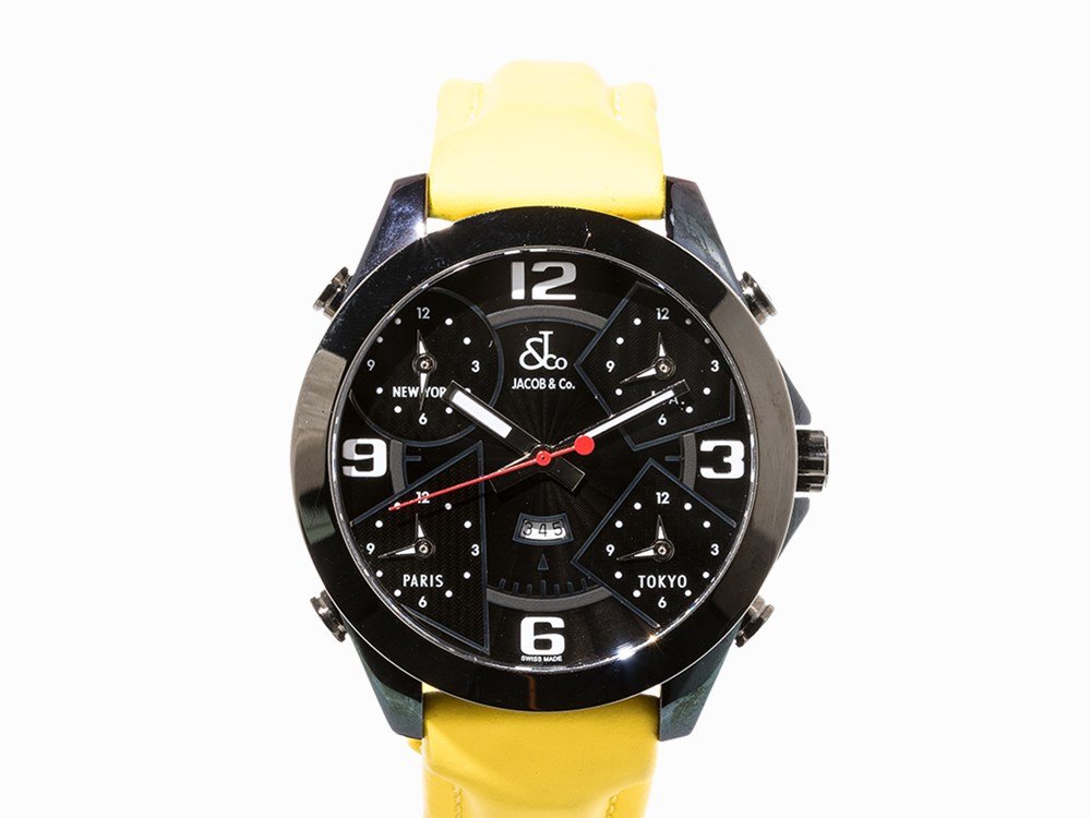 Jacob & Co. Five Time Zones, Switzerland, c. 2010: Jacob & Co. Five Time Zones Switzerland, c. 2010 Quartz movement, hour, minute, second, date, 5 time zones Black dial, silver luminescent hands Watch case and original folding clasp of blackened stain