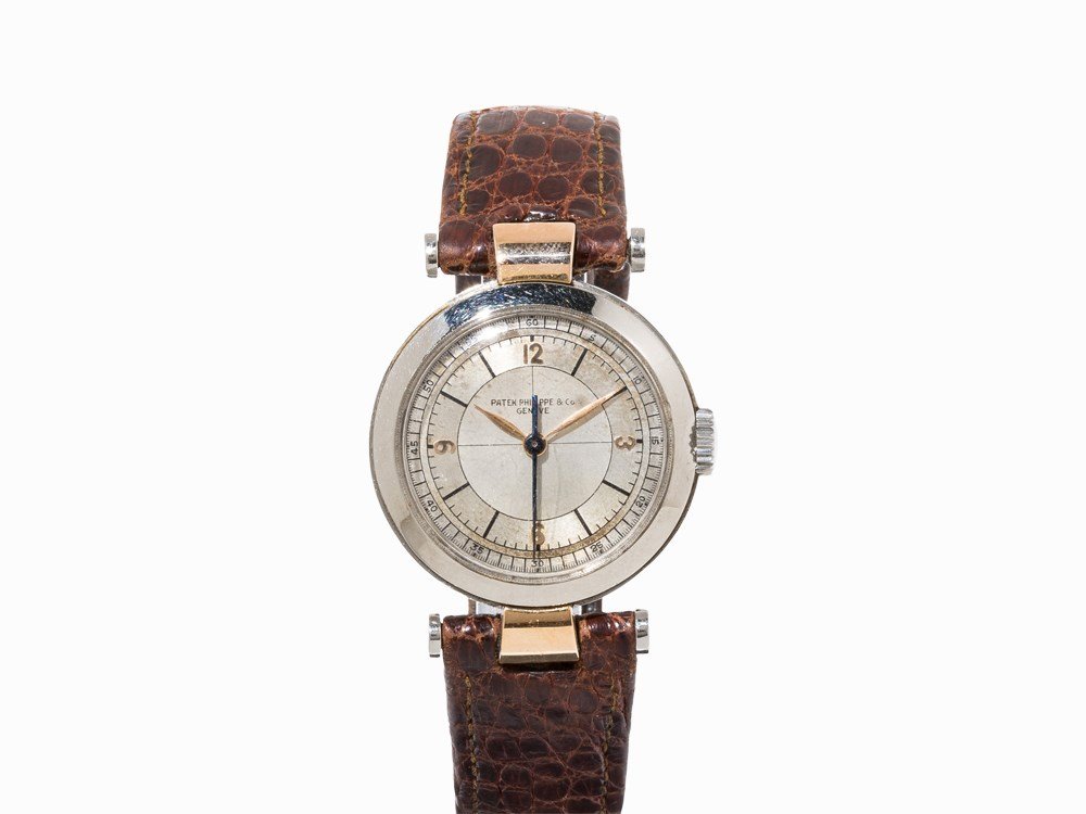 Patek Philippe Art Deco Wristwatch, Switzerland, c.: Patek Philippe Art Deco wristwatch Switzerland, c. 1937 Manual wind movement, calibre 12’’’; hour, minute, second Silver dial, gold hands Watch case of stainless steel Brown alligator leather st