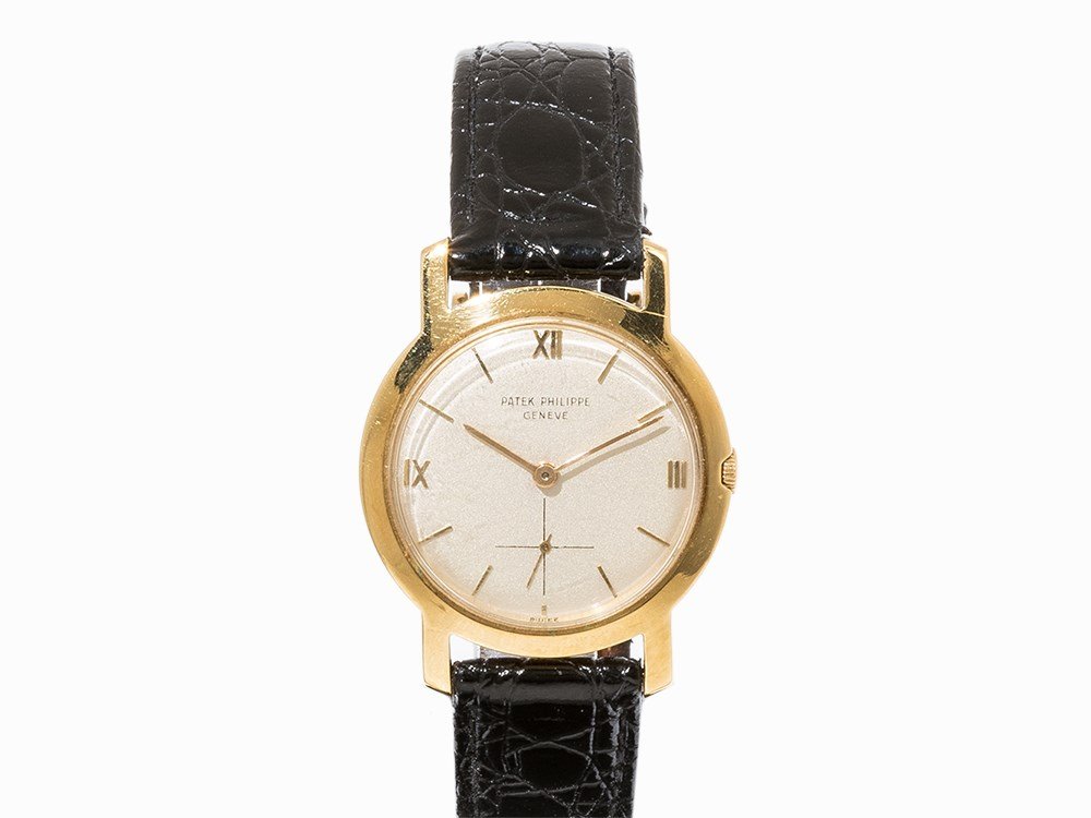 Patek Philippe Vintage Wristwatch, Ref. 2506, c. 1955: Rare Patek Philippe vintage wristwatch, Ref. 2506/1 Switzerland, c. 1955 Manual wind movement, calibre 10-200; hour, minute, subsidiary second Silver dial, gold hands Watch case of 18K gold Black calf