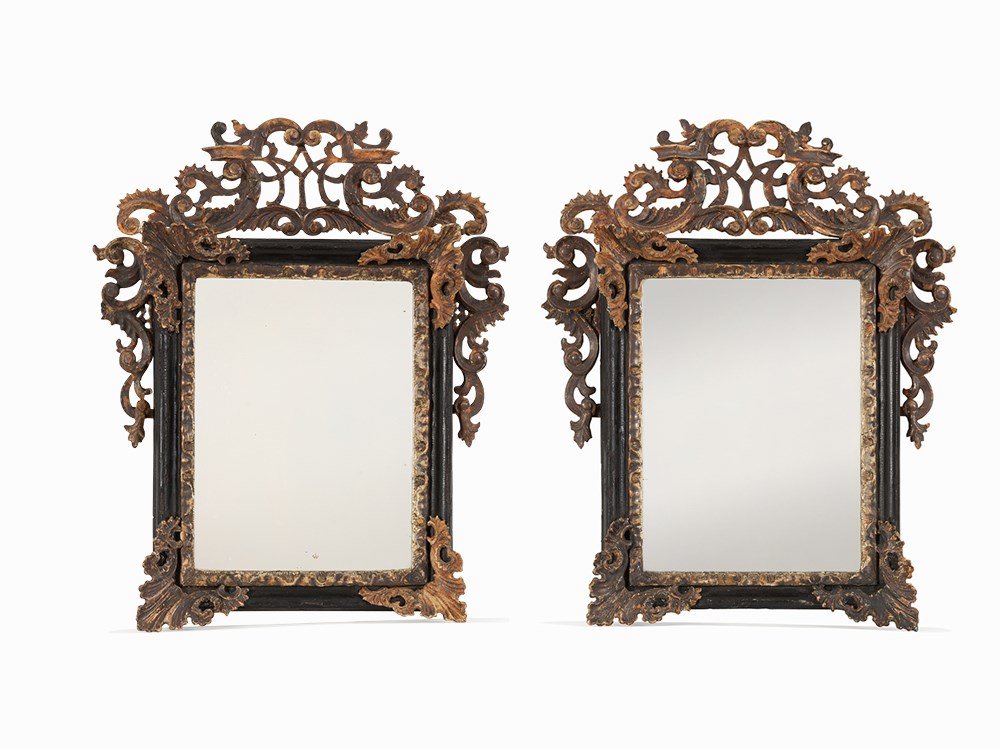 A Pair of Rococo Altar Card Frames with: Wood, carved, painted polychrome, mirror glass Europe, 18th century, Verso old label: ‘Eigentümer Tönjes Lange’ A pair of large altar card frames crowned with rocailles Front with profuse floral