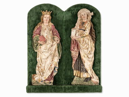 Hans Klocker, A Pair of Altar Reliefs, Bressanone,: Presumably limewood with polychrome painting and gilding; mounted on chipboard covered with green velvet Brixen/South Tyrol, around 1485/90 Attributed to Hans Klocker (before 1474 - after 1500) -