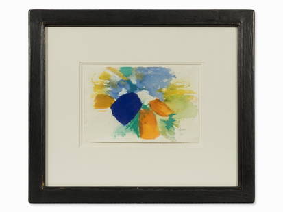 Rolf Hans, Blue-Orange-Yellow, Watercolor, 1962 : Watercolor on thin paper Germany, 1962 Rolf Hans (1938-1996) – Deutscher Maler Signed and dated ’R Hans 62’ lower right in pencil Sheet dimensions: 14.5 x 22 cm Frame: 37 x 43.5 cm Good conditio